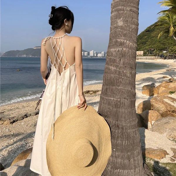 Vestidos casuais verão branco recorte maxi vestido para mulher sexy backless feriado longo 2023 praia sundress vestidos pescoço montado