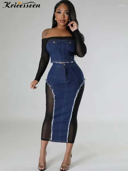 Vestidos de trabalho Kricesseen Sexy Denim Malha Patchwork Sheer Duas Peças Saia Set Mulheres Strapless Manga Longa Top e Midi Clubwear Ternos