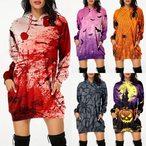 Vestidos casuais halloween impresso hoodie vestido abóbora feminino treino diário hoodies manga longa pulôver outono inverno solto tee