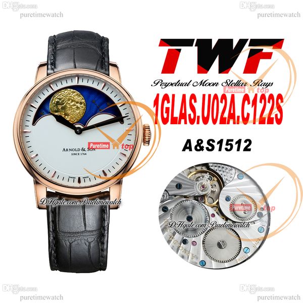 ArnoldSon HM Perpetual Moon Stellar Rays AS1512 Relógio masculino mecânico com corda manual em ouro rosa e mostrador prateado 1GLAS.U02A.C122S Couro preto Marca do Reino Unido Super Edition Puretime