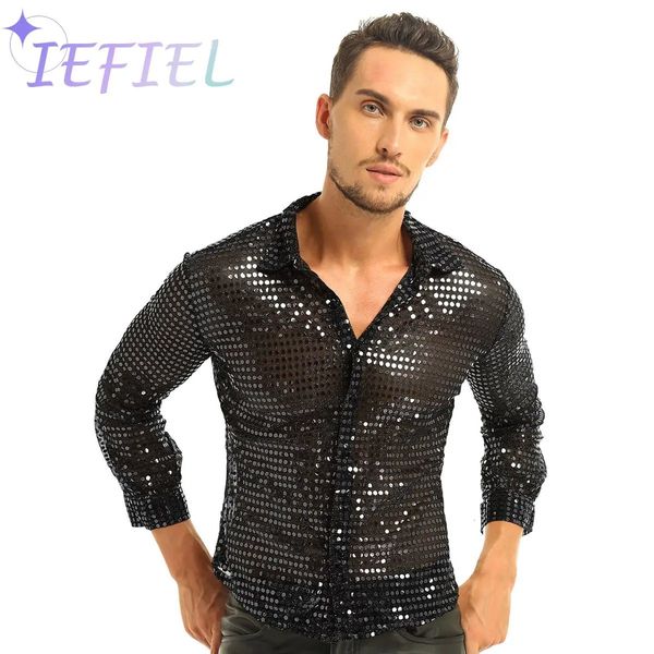 Camicie casual da uomo Uomo Casual Slim Fit Paillettes dorate lucide Camicia a rete trasparente Camicie da ballo Abbigliamento da discoteca Camicia da discoteca Top per spettacoli di danza 231130