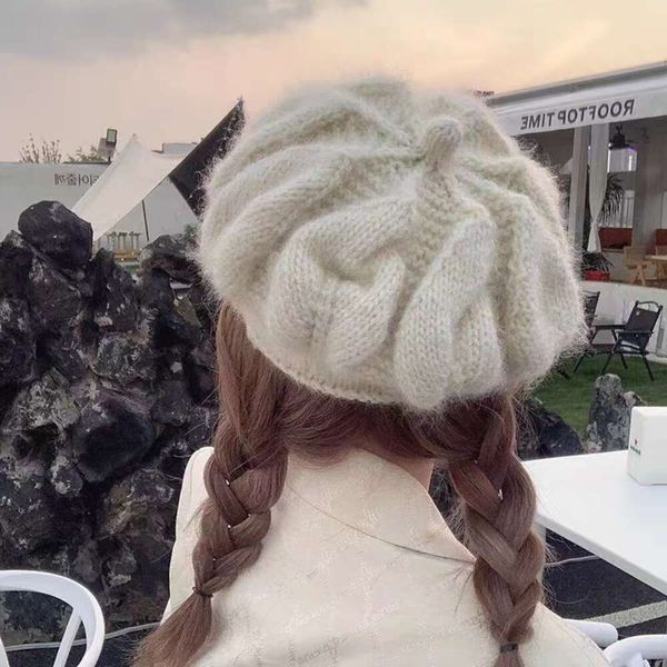 Lana intrecciata a mano da donna in autunno inverno, berretto lavorato a maglia, cappello a fascia, morbido e caldo, elegante cappello a fiori con gancio