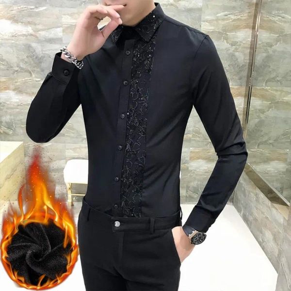 Camisas casuais masculinas preto / branco moda renda emendada manga longa para roupas masculinas outono inverno grosso quente fino ajuste camisa social vestido 4xl