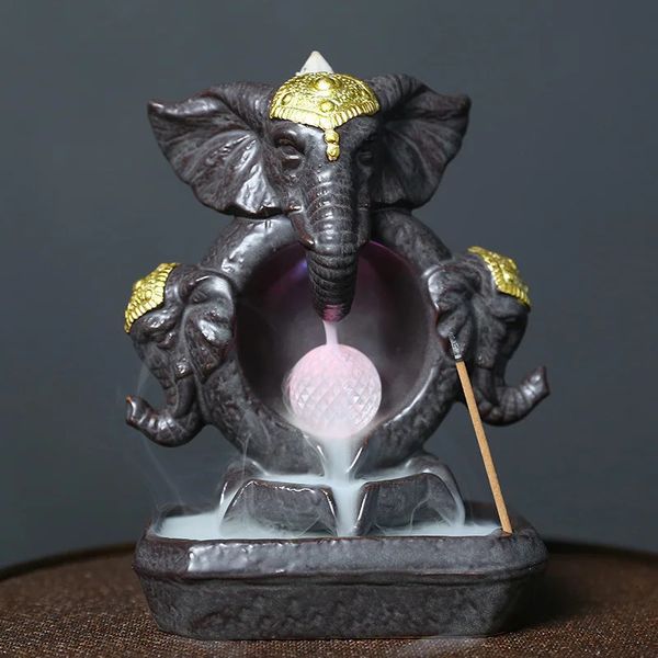 Objetos decorativos estatuetas sorte feng shui elefante deus estátua decoração de casa artesanato cerâmica cachoeira incenso com bola de mudança de cor led 231130