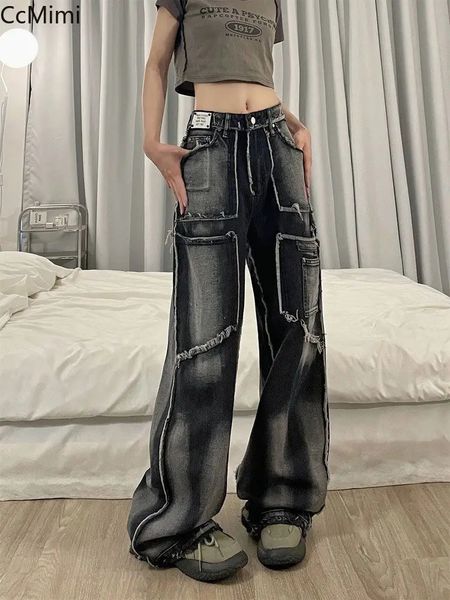 Jeans femininos versão coreana de high street vibe bolso nicho design sentido jeans tubo reto calças casuais soltas para homens e mulheres y2k 231201