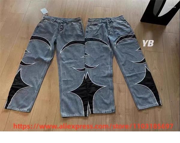 Erkek kot pantolon yüksek cadde mavi haydut kulübü erkekler kadın siyah yıldız denim pantolon arka yol logo cep zip düz pantolon