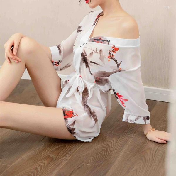Etnik Giyim Japon Seksi Kimono Kadın Şifon Pijamaları Erotik iç çamaşırı Moda Şeffaf Nightwear Nightgown Retro Yetişkin Batrobe