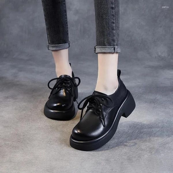 Sapatos de vestido Oxford de couro de vaca para mulheres 2023 Primavera Retro Escritório Redondo Toe Lace-up Chunky Sole Black Ladies Flat Handmade