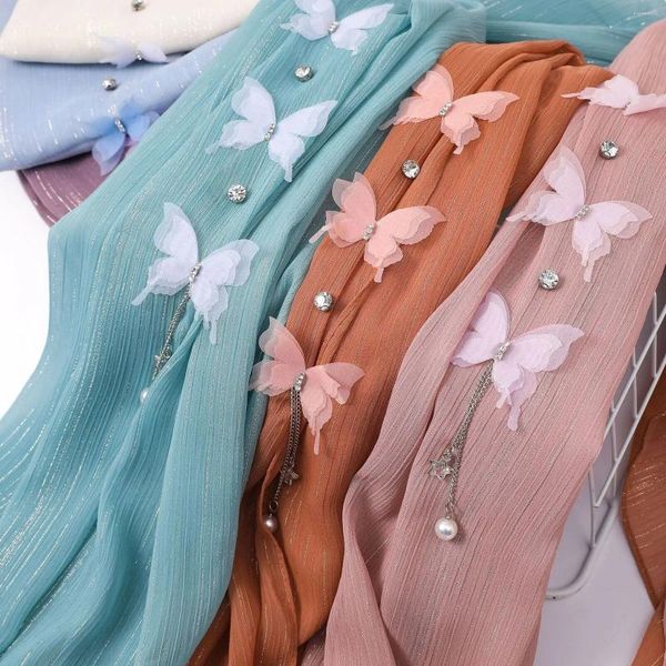 Lenços Luxo Shimmer Chiffon Hijab Borboleta Borla Longo Lenço Envoltório Islâmico Muçulmano Xales Malásia Headband Mulheres Acessórios