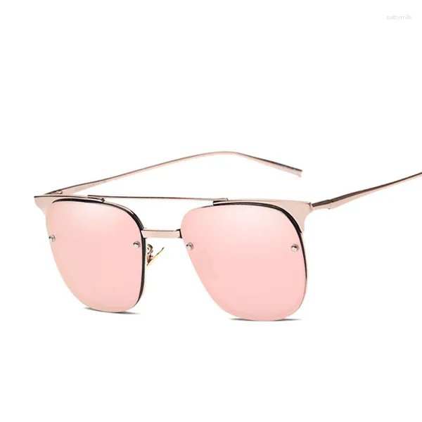 Солнцезащитные очки квадратная полурамка зеркало розовое золото брендовые дизайнерские металлические мужские или женские очки трендовые хорошее качество
