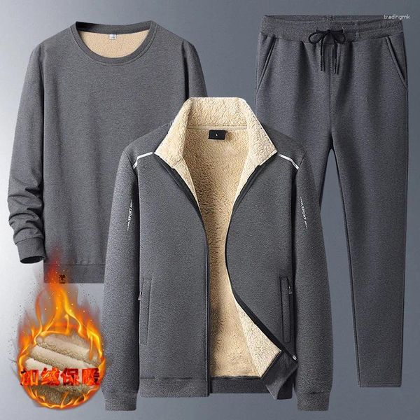 Tracksuits masculinos camisola esportes terno engrossado roupas outono e inverno cashmere quente três peças esportivas
