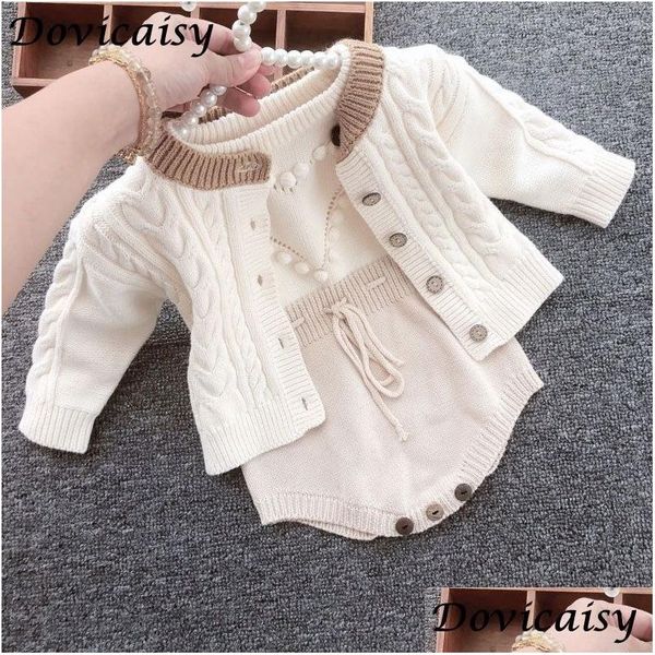 Set di abbigliamento Autunno Vestiti per ragazze Bambino Pagliaccetto lavorato a maglia Set Neonato Neonato Cardigan Ragazzi Maglione di cotone Tuta 210309 Drop Deliv Dh1Bx