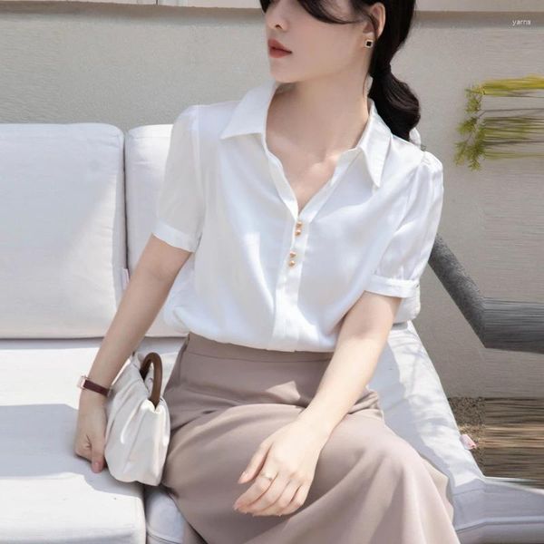 Blusas femininas tamanho grande blusa elegante verão feminino bolha manga curta camisa feminina cetim vintage moda profissional versátil topo kl5