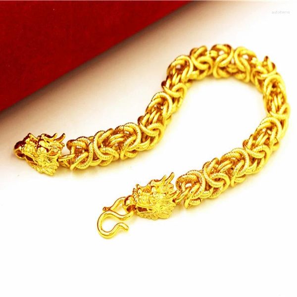 Link Armbänder Reines Gold Farbe Armreifen Für Männer 24K Beschichtung 8mm Drachen Armband 20CM Lange Großhandel mode Frauen/Herren Schmuck