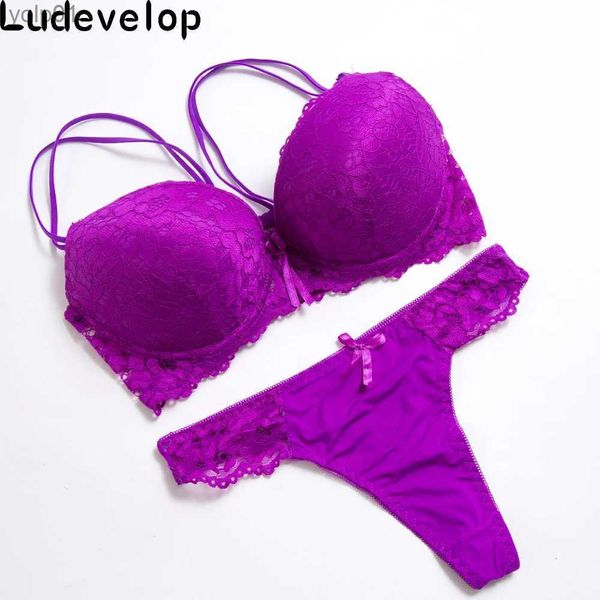 Conjuntos de sutiãs Ludlop Lady Lace Preto Push Up Bra Set Top B C D Cups sujetador encaje Underwear Mulheres Lingerie Sexy Calcinha e Sutiã SetsL231202