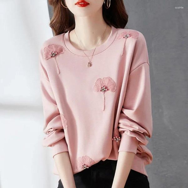 Felpe con cappuccio da donna ricamo pesante maglione a maniche lunghe rosa femminile primavera e autunno foglie design senso della moda pullover invecchiato sciolto