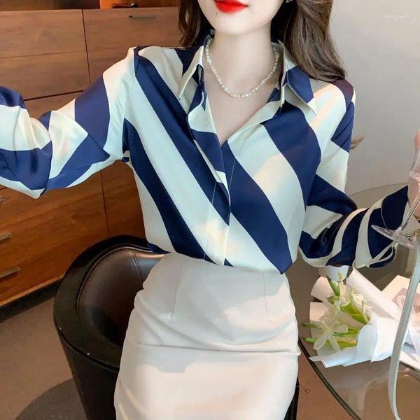 Frauenblusen Langarm gestreiftes Hemdbüro Koreaner Fashion Lose Casual Tops Sekretärin professionelle Kleidung