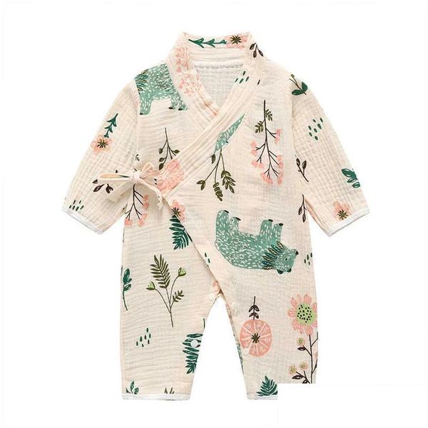 Strampler Born Kimono Langarm-Overall Baby Niedlich Cartoon Gaze Bio-Baumwolle Weiche Kleidung Mode 20 210816 Drop Lieferung Kinder Mat DHDOA