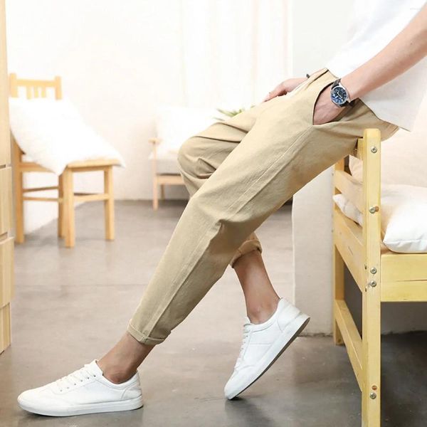 Calças masculinas cor sólida calças casuais japonês linho exercício magro tornozelo comprimento pés diário outwear d41