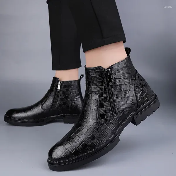 Stiefel 2023 Schuhe für Männer Nähen Herrenmode Side Zipp Round Toe Casual Short Plüsch Leder Knöchel