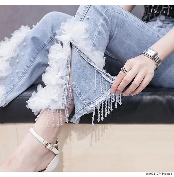 Frauen Jeans Est Split Perlen Hohe Taille Dreidimensionale Blume Frauen Stretch Denim Ausgestelltes Hosen Frau Casual Hosen Femme