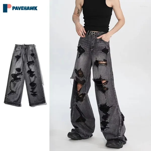 Jeans masculinos high street retro buraco homem mulher hip hop preto reto cowboy calças gótico harajuku casual unisex perna larga denim calças