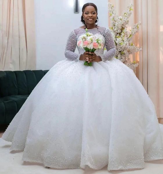 2024 africano inchado vestido de casamento o-pescoço mangas compridas contas de cristal apliques rendas mulheres vestidos de noiva tribunal trem novo design vestido de novia