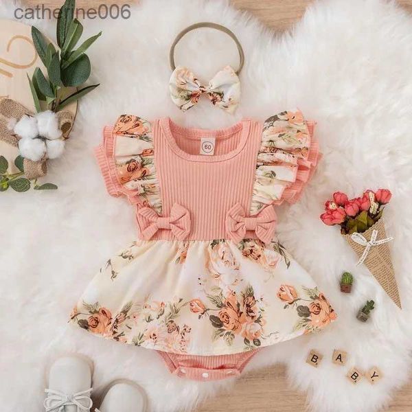 Set di abbigliamento New Cute Floral Pagliaccetto 2 pezzi Neonate Vestiti Tuta Pagliaccetto + Fascia per capelli 0-24 mesi Età Ifant Bambino Neonato Abiti Set Vendita caldaL231202