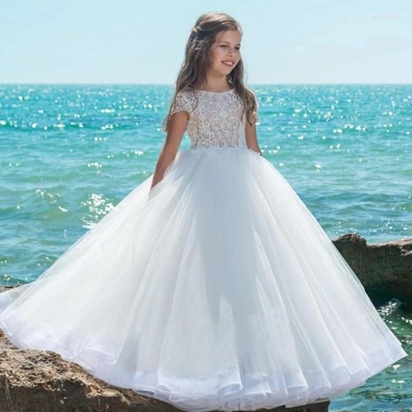 Girl Dresses White Flower Tulle Stuggy Applicated Boho Short Sonte per matrimoni First Communione Abito da concorso