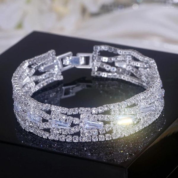 Charme Armbänder Luxus Strass Voller Bohrer Armband Für Frauen Kristall Manschette Hochzeit Braut Silber Farbe Hand Schmuck