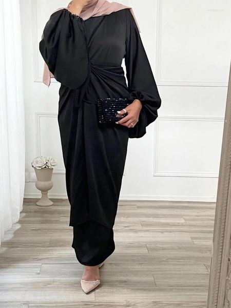 Roupas étnicas 2 peças cetim sob abaya vestido com envoltório saia frontal longo hijab vestidos internos para mulheres muçulmanas dubai ramadan islâmico