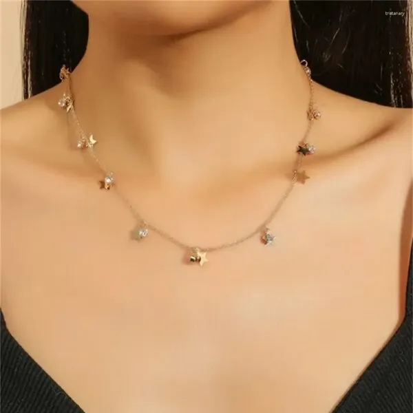 Colares Pingente Boho Cor de Ouro Cadeia Fina Simples Estrela de Cinco Pontas Colar de Cristal de Lantejoulas para Mulheres Moda Feminina Vintage Jóias Gif