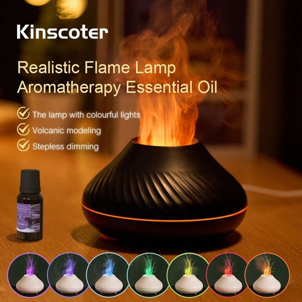 Difusores de óleos essenciais Kinscoter Difusor de aroma vulcânico Lâmpada de óleo essencial 130ml USB Umidificador de ar portátil com luz noturna de chama colorida 231202