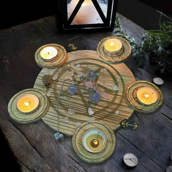 Castiçais 2 em 1 Pentagrama Bruxas Suporte de Vela de Madeira Altar Astrologia Massagem Suporte de Vela Meditação de Adivinhação para Cerimônia Wicca 231201