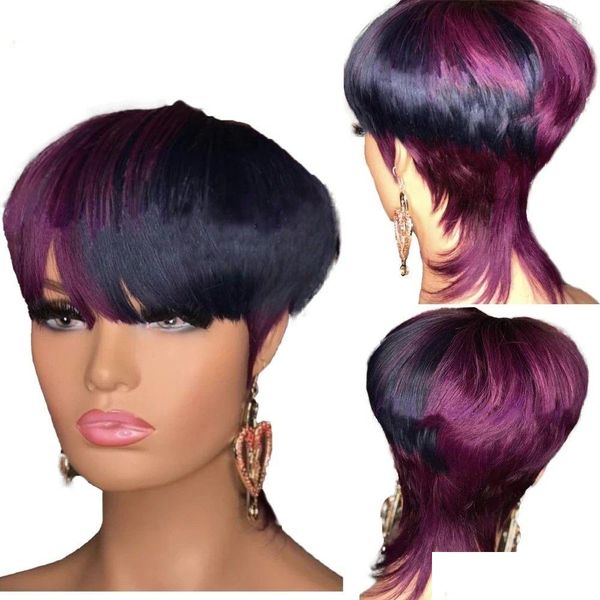 Парики из натуральных волос без шапочки-основы Ombre Highlight Rose Purple Color Remy Pixie Короткая стрижка Боб Бразильский прямой парик без кружева спереди Прямая доставка Dh1Lr