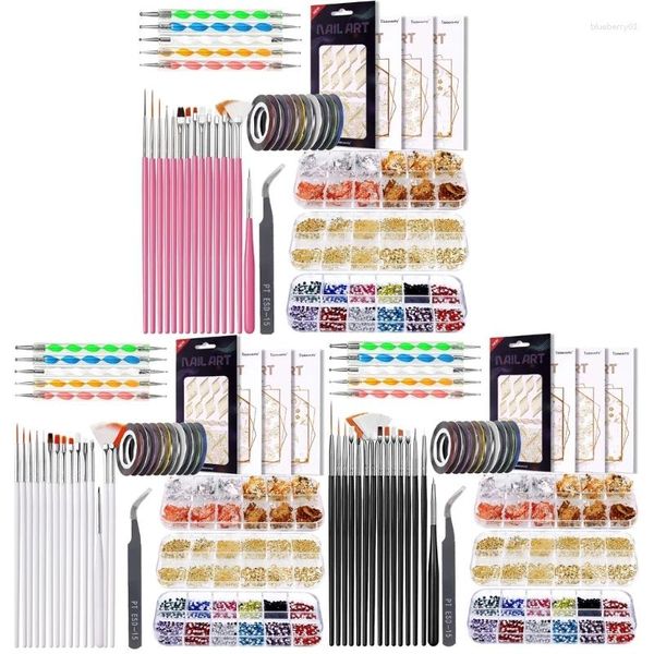 Nail Art Kits Pinsel 3D Dekorationen mit Dotting Tools Strass Striping Tape E1YF