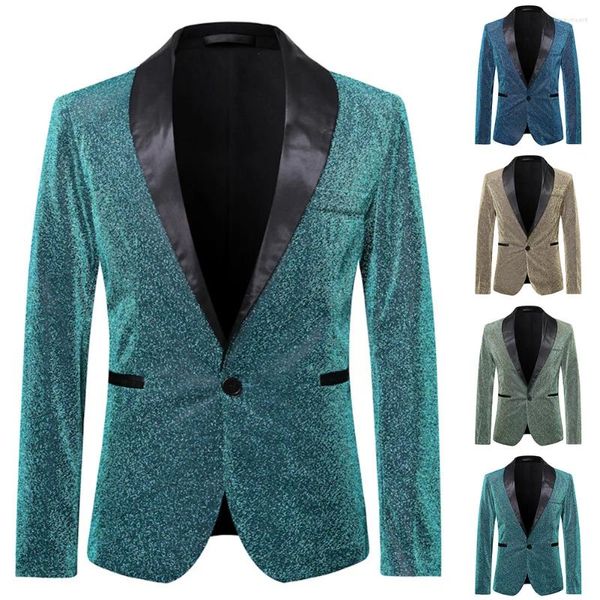 Ternos masculinos xale lapela blazer fino ajuste 1 botão brilhante azul glitter terno jaqueta dj boate palco cantar/er roupas traje homme