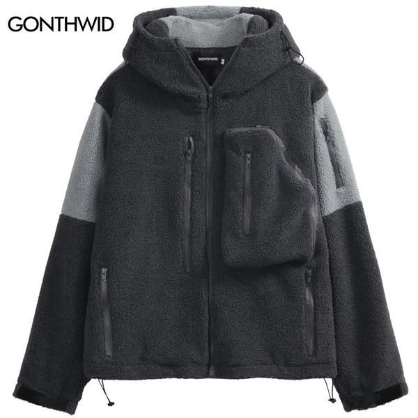 Männer Blends Hip Hop Fleece Flauschige Kapuzenjacke Streetwear Harajuku Fuzzy Plüsch Patchwork Reißverschluss Dicke Warme Mäntel 2023 Mode Lose 231202