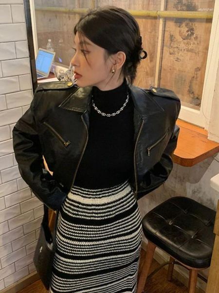 Jaquetas femininas Techwear Preto Motocicleta Cropped Casacos Vintage PU Jaqueta De Couro Mulheres Coreano Solto Zíper Outerwear Grunge Streetwear