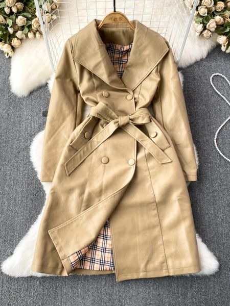 Casacos de Trench das Mulheres Outono Inverno Mulheres Pu Faux Couro Casaco Moda Luxo Vermelho Preto Khaki Duplo Breasted Elegante Jaqueta de Comprimento Médio