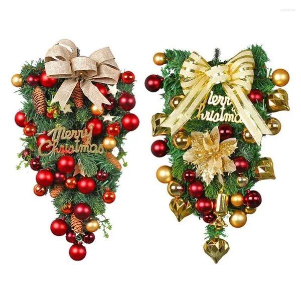 Flores decorativas 50cm guirlanda de porta de natal grandes laços de fita decoração de natal flor anel de videira ornamentos de pinha árvore