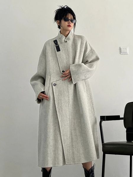 Mulheres mistura francês elegante gola cor sólida solto design high street casacos longos outono inverno vintage y2k roupas 231202