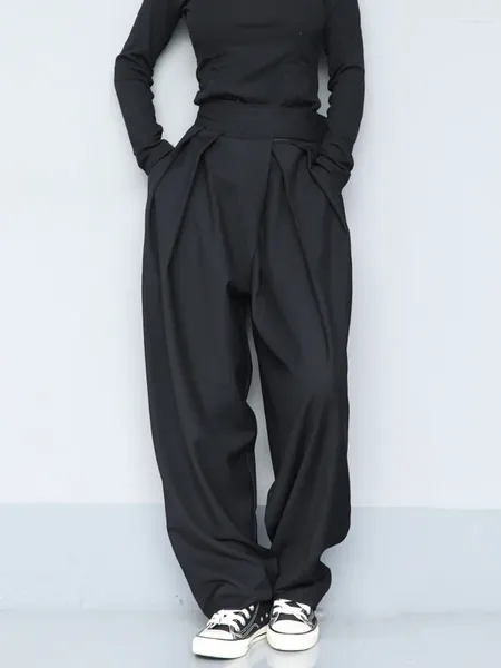 Calças femininas cintura alta preto breve plissado longo perna larga calças soltas ajuste moda feminina maré primavera outono 2023