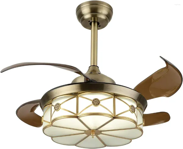Kronleuchter Vintage einziehbares Licht Tiffany-Stil Retro-Kronleuchter Ventilator mit Fernbedienung 3-Farben-Beleuchtung 3-Gang-Kupferglas-Lampenschirm