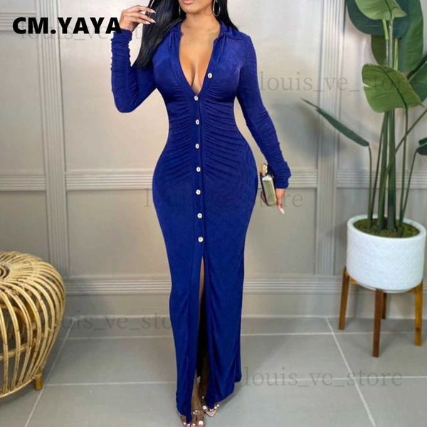 Kentsel seksi elbiseler cm.yaya sonbahar kış kadın kadife düğmesi yukarı yüksek yarık maxi midi bodycon elbise seksi kulüp partisi uzun kollu uzun elbiseler vestidos t231202