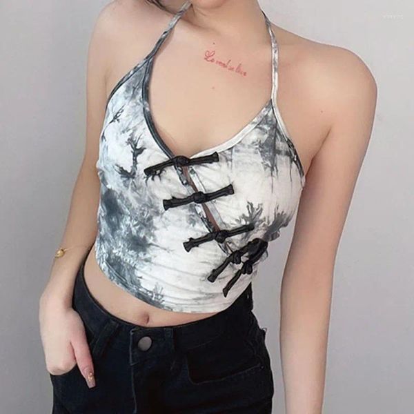 Canottiere da donna Donne Sexy Vintage Stile Cinese Scollo a V Scacchiera Fibbia Tie Dye Stampa Halter Crop Top Camis Senza Maniche Backless Chic