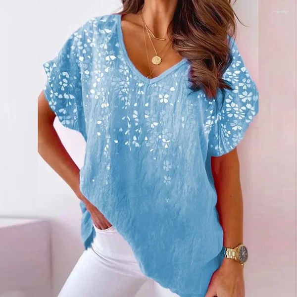 Damenblusen Pendeln Print Slim Bluse Top Mode Sommer Dame Kurzarm V-Ausschnitt Pullover Blusa Harajuku 2023 Frauen Formal Shirts T