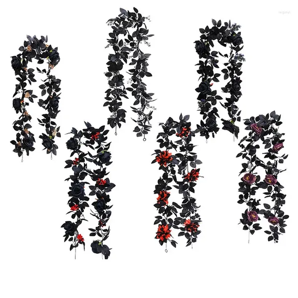 Dekorative Blumen, 1,75 m, künstliche Pflanzenrebe, Hängegirlande, Halloween-Dekoration, schwarze Blätter, gefälschte Blume für Party, Heimdekoration