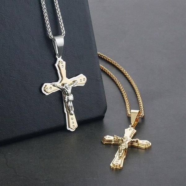 Mode Männer Jesus Schmuck Kristall Kreuz Kruzifix Anhänger Halsketten Edelstahl kette für Männer Gold Farbe Halskette Jewelry2971