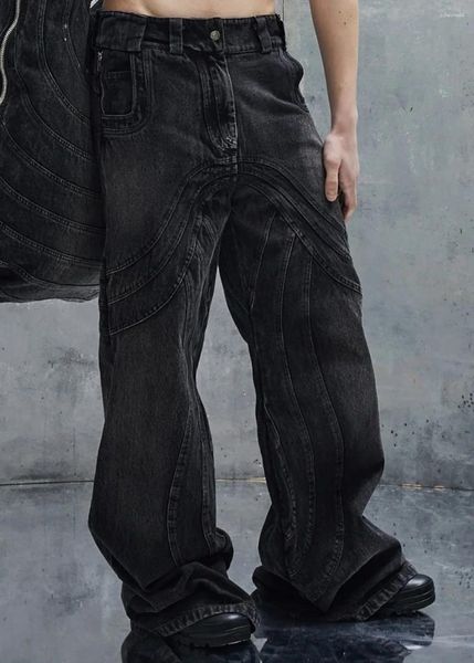 Jeans da uomo No Fatih 23S Heavy Duty Wave Ripple Lavato Distressed Nero Grigio Micro Flare Denim Pantaloni larghi di alta qualità